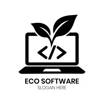 Eco Software Logo Design with Laptop Screen and Green Sprout Stock Illustration