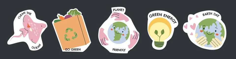 Eco sticker set on black background. Collage earth day elements set. Stock Illustration