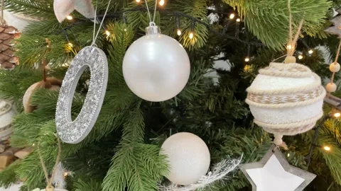 Eco-style Christmas tree decorated with white toys Stock Footage 227008077