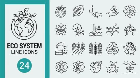 Eco system line icons set for ecology and environmental conservation projec.. Stock Illustration