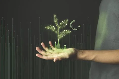 Eco Technology Hand with glowing low poly green sprout on dark blue backgroun Stock Photos