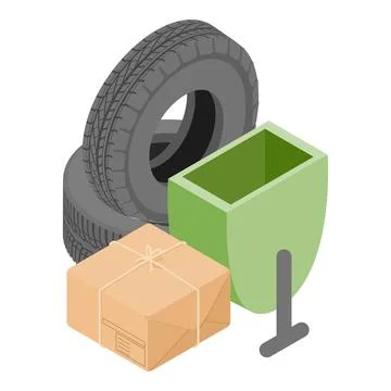 Eco technology icon isometric vector. Car tire and parcel box near street urn 스톡 일러스트