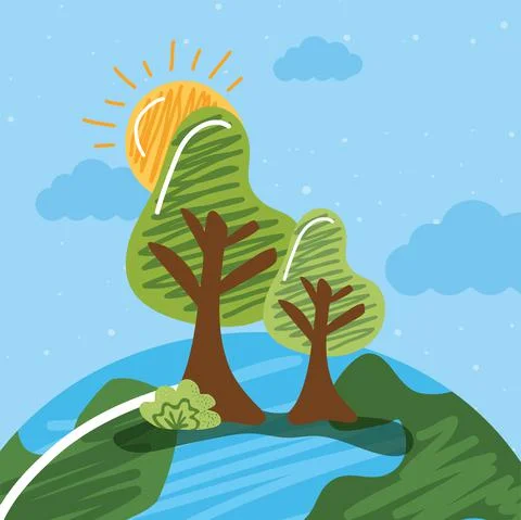 Eco trees in earth planet Stock Illustration