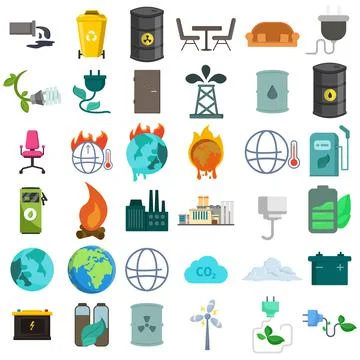 Eco vector clip art set with chemical waste, nuclear pollution, battery, glob Stock Illustration
