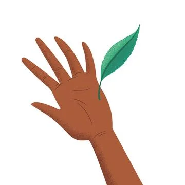 Eco vector illustration in flat style with hand and green leaf isolated on .. Illustrazione stock