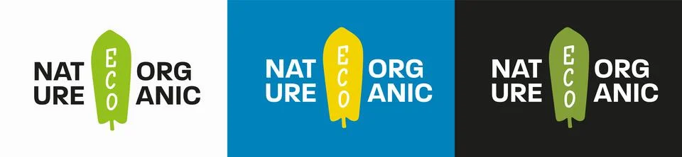 Eco vector logo in the center of the leaf, text on the sides, emblem, tag for Stock Illustration