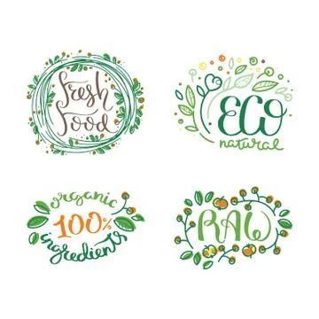Eco vector organic labels, bio emblems for stickers and restaurants menu, nat Stock Illustration