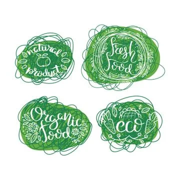 Eco vector organic labels, bio emblems for stickers and restaurants menu, nat Stock Illustration