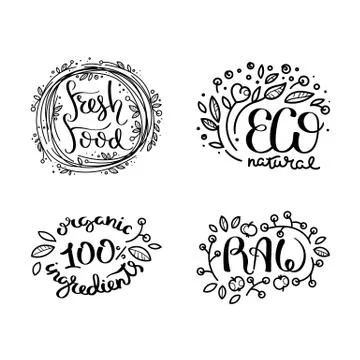 Eco vector organic labels, bio emblems for stickers and restaurants menu, nat Stock Illustration