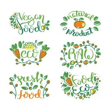 Eco vector organic labels, bio emblems for stickers and restaurants menu, nat Stock Illustration