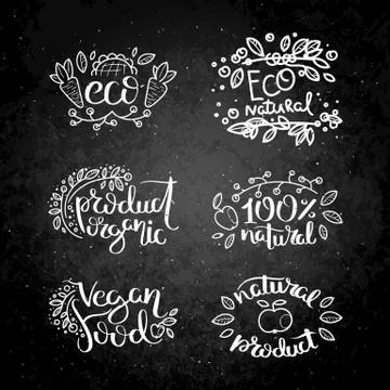 Eco vector organic labels, bio emblems for stickers and restaurants menu, nat Stock Illustration