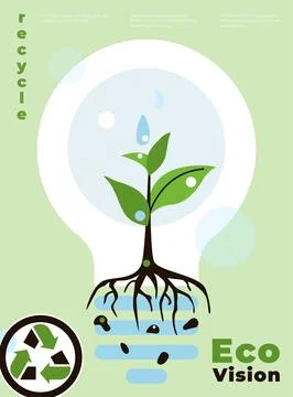 Eco vision poster template. Vector flat illustration of a green sprout with r Stock Illustration