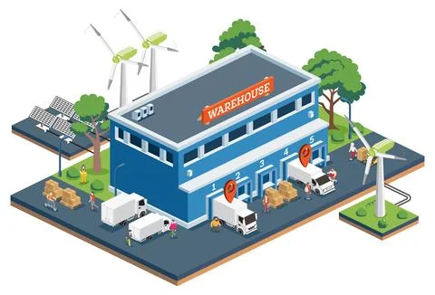 Eco warehouse with trucks, workers, solar panels and wind turbines. Isometr.. Stock Illustration