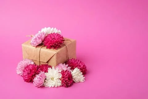 Eco zero waste style gift wrapping. Composition with craft paper giftbox Stock Photos