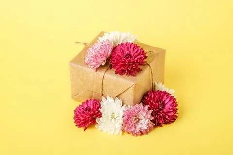 Eco zero waste style gift wrapping. Composition with craft paper giftbox Stock Photos