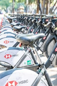 Ecobici bicycles lined up at a docking station Fotos de archivo