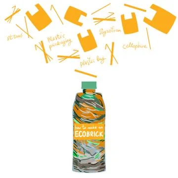 Ecobrick is a plastic bottle packed with clean and dry, used plastic to make  Stock Illustration