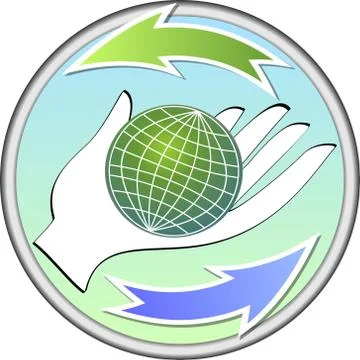 Ecologic circle emblem with a globe on palm Stock Illustration