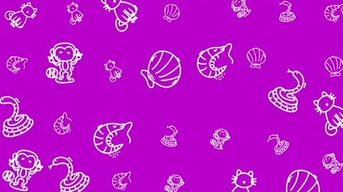 Ecologic pattern art displays white drawings of snakes cats shrimps monkeys and  Stock Footage 322049983