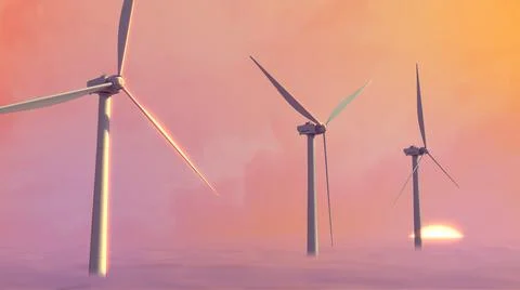 Ecologic wind mill generator on sunrise sky background, fictive イラスト素材