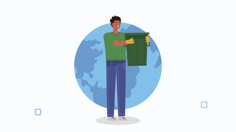 Ecological animation with young man holding waste bin in front of planet ea.. Stock Footage 333426989