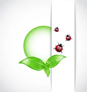 Ecological background with bubble, green leaves, ladybugs Illustrazione stock