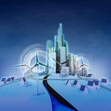 Ecological city powered with windmills perspective view illustration イラスト素材