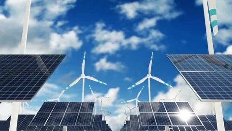 Ecological concept of clean alternative energy solar panels and wind turbine 스톡 동영상 280060235