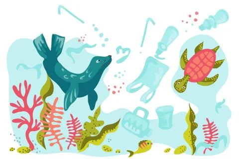 Ecological concept of saving oceans and seas clean, vector illustration banner. Stock Illustration