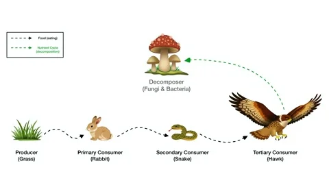 Ecological diagram illustrates nutrient cycle and trophic levels Stock Footage 345030450