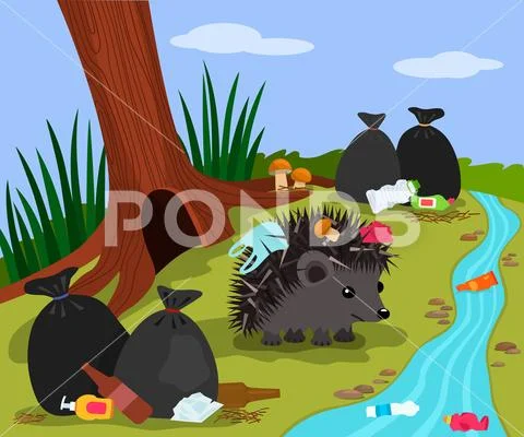 Ecological disaster from plastic waste in the forest. A cute hedgehog near th Stock Illustration