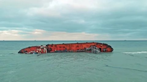 Ecological disaster. The tanker ship crashed and ran aground. Oil pollution of Stock Footage 121993474