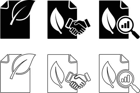 Ecological document paper icons black outline green environmental report. Ilustración de archivo