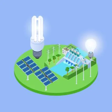 Ecological energy isometric vector with solar panels Stock Illustration