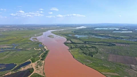 Ecological environment of the Yellow River channel and river beach wetland Stock Footage 257987709