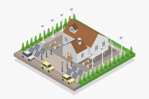 Ecological house isometric illustrated on background Stock Illustration