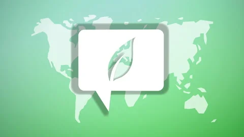 Ecological leaf icon on rectangular speech bubble in front of a world map 動画素材 214015218