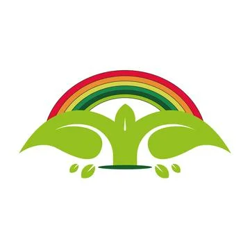 Ecological logo or icon with rainbow and green leaves. Beautiful element for you Illustrazione stock