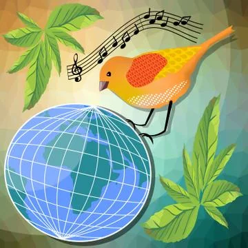 Ecological or peace vector illustration with little bird sitting Stock Illustration