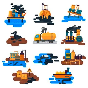 Ecological problems: environmental pollution of water, earth, air, deforestation Stock Illustration