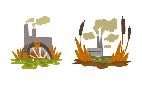 Ecological Problems Set, Environmental Pollution of Industrial Waste Cartoon 스톡 일러스트