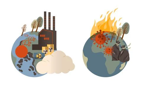 Ecological problems set. Environmental pollution of earth, climate change vector Illustrazione stock