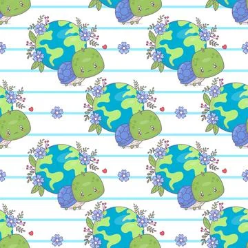 Ecological seamless pattern. Cute cartoon turtle with planet Earth and flow.. Stock Illustration