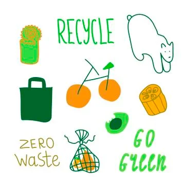 Ecological set of illustrations in green and orange shades.Clip art Stock Illustration
