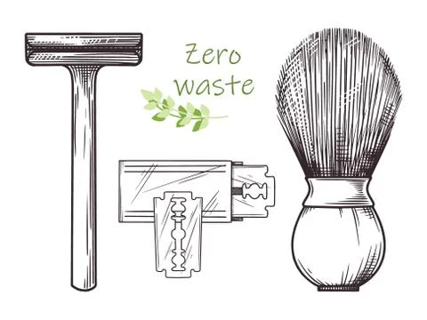 Ecological shaving kit. Zero waste. Metal razor and wooden brush. Vector Stock Illustration