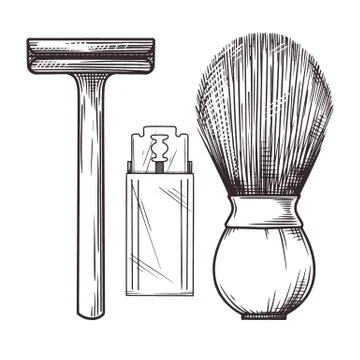 Ecological shaving kit. Zero waste. Metal razor and wooden brush. Vector Stock Illustration