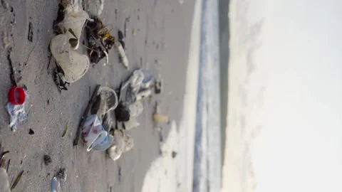 Ecological. Spilled garbage on ocean beach coast Bali island. Vertical view Stock Footage 241680762