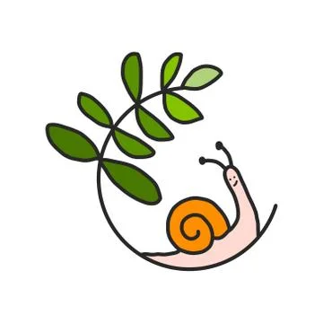Ecological symbol logo with snail shell and green plant leaf. Ecology and nature Stock Illustration