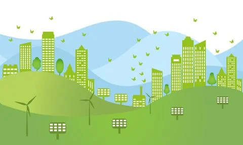Ecological town concept and environment conservation. Renewable energy. Ilustración de archivo