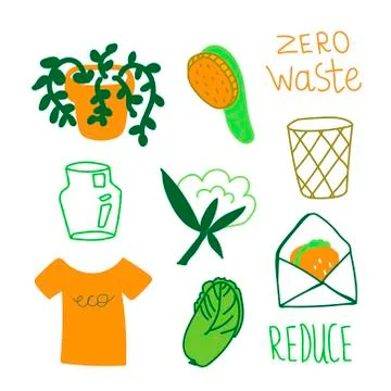 Ecological vector set of illustrations in green and orange colors. Stock Illustration